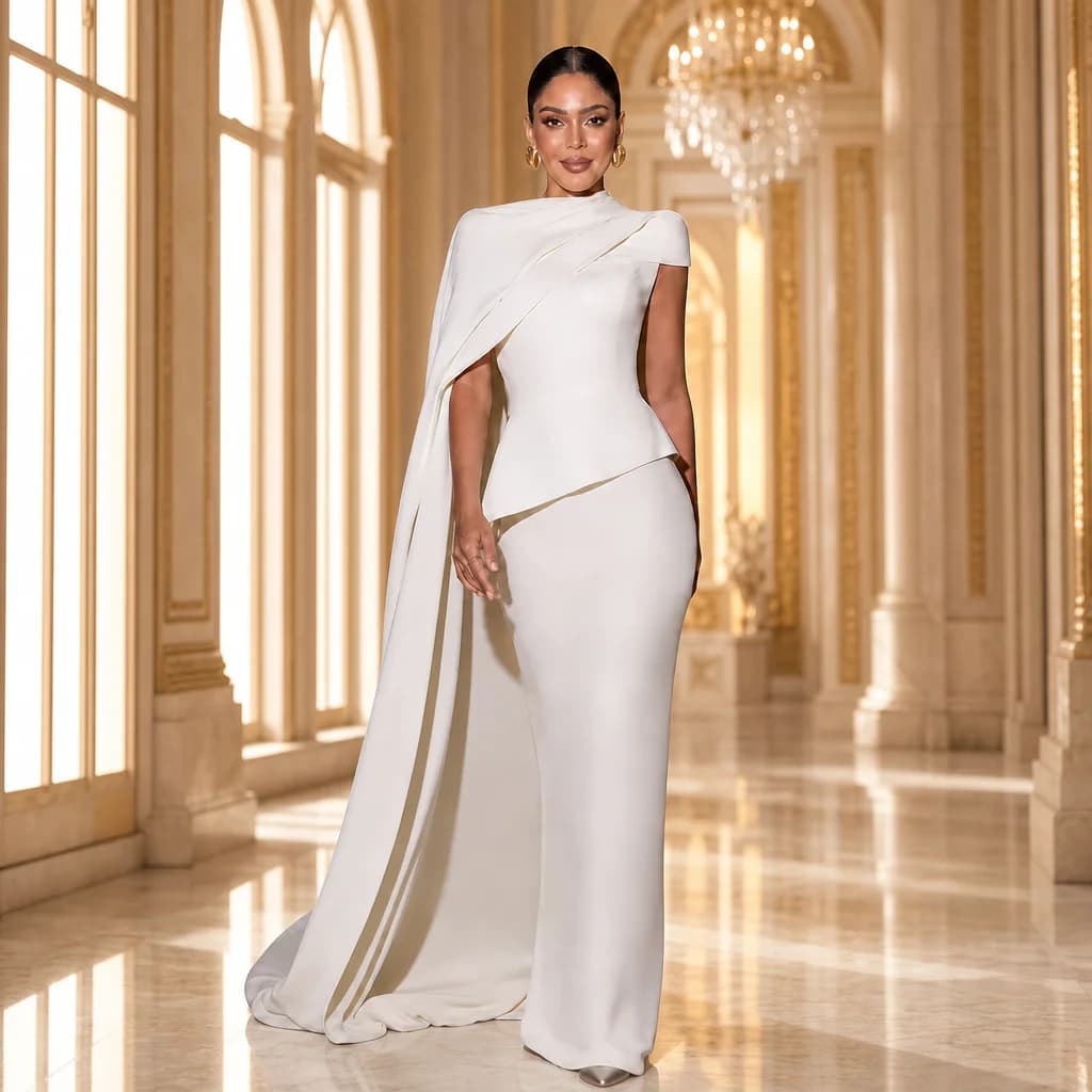 L'Ivoire Céleste — High-Neck Cape A-Line Dress — view 1 of 4