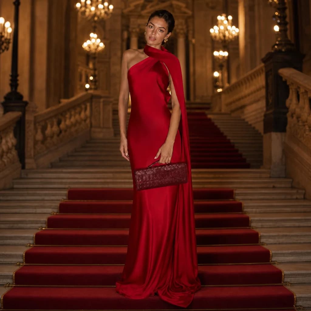 Le Rouge Absolu — Satin Mermaid Dress with Cape Sleeve — view 1 of 4